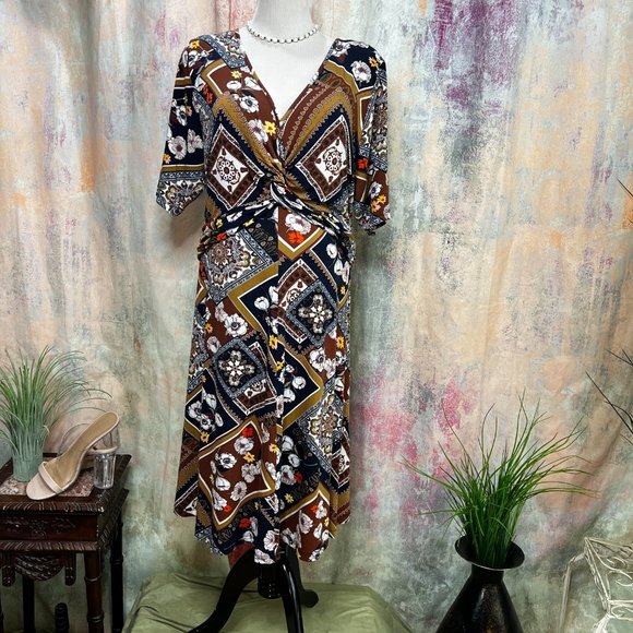 📌Bodyflirt Retro Design Midi Soft Flowing Fabric Short Sleeves Viscose Dress - Picture 1 of 15